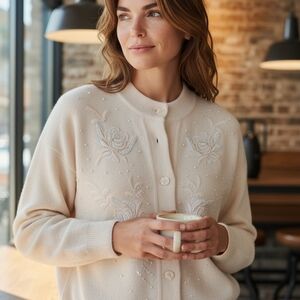 Elegant Cream Embroidered Women's Sweater